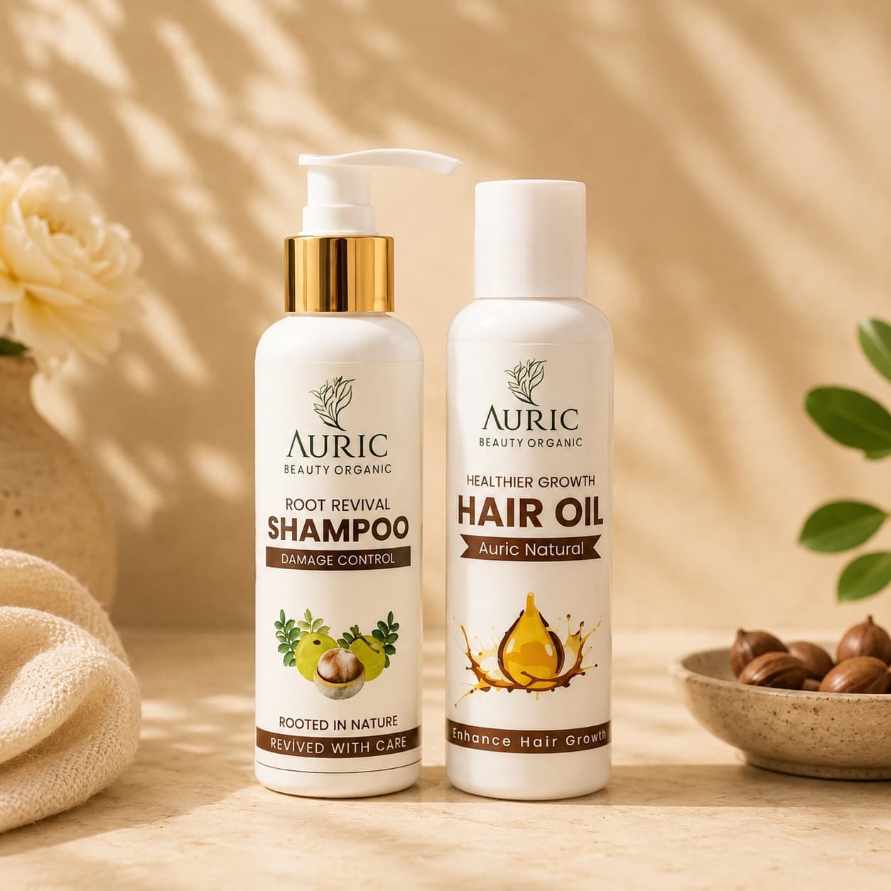 Auric Beauty Organic Hair Care Duo – Nourishing Shampoo & Herbal Oil Bundle